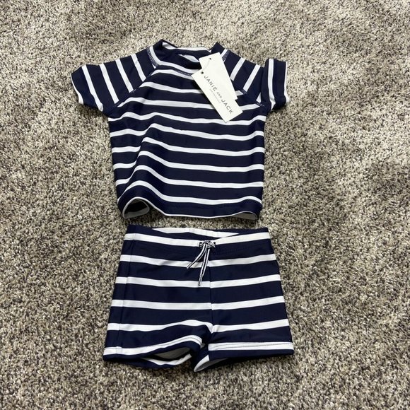 Janie and Jack Other - NWT JANIE AND JACK Navy White Stripe Euro Trunk Rash Guard Set Swimsuit 0/3 M